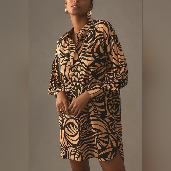 Anthropologie Stylish Tan and Black Patterned Dress - Picture 1 of 15